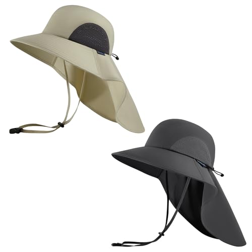 UPF 50+ Foldable Sun Hats Wide Brim with Large Neck Flap for Men Women UV Protection Gardening Fishing Beach Hat - color: Pack of 2, Beige & Dark Grey