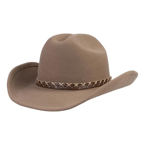 Cowboy Hat 100% Wool Water-Resistant Cowgirl Hat Western Hats for Women Men Felt Outback Panama Rancher Hat - color: Desert Star, size: 7 1/8