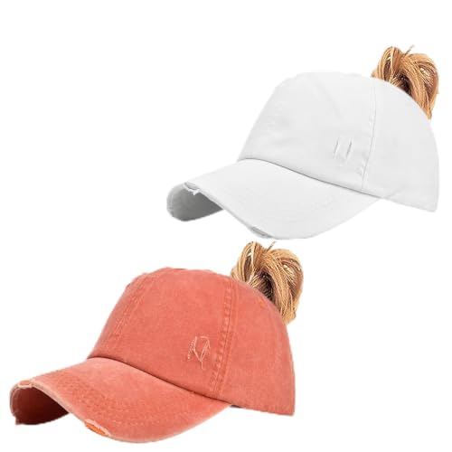 2 Packs Womens Criss‑Cross High Ponytail Trucker Hat, Cotton Vintage Washed Distressed Adjustable Baseball Cap - color: 2pcs 16