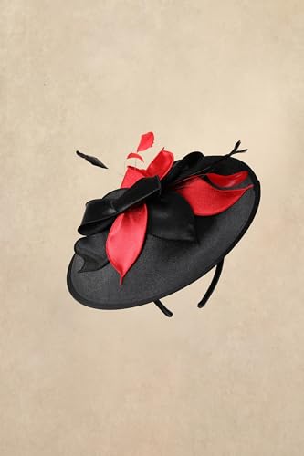 BABEYOND Derby Hats for Women Wide Brim Flower Feather Tea Party Fascinator - color: Black Red