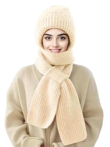 Sumolux Integrated Ear Protection Windproof Cap Scarf Elastic Knitting - color: Beige