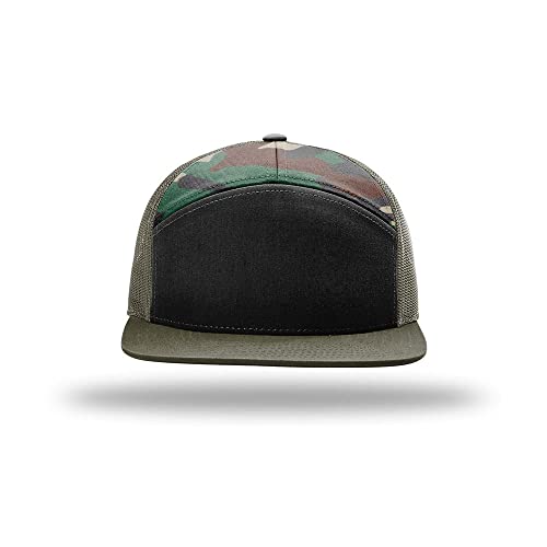 Richardson 168 Hi-Pro 7 Panel Adjustable Snapback Trucker Mesh Back Cap - color: Black/Green Camo/Loden