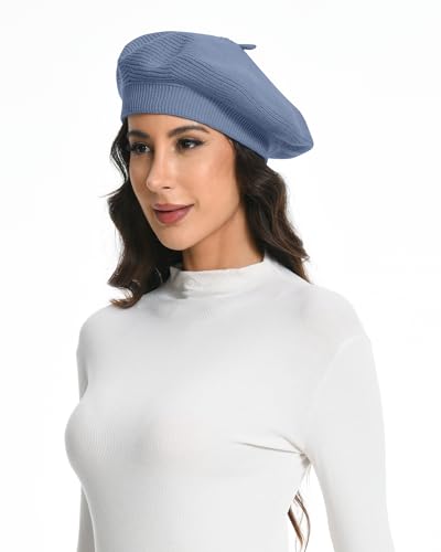 Cotton Knitted Women Beret Hat, French Style Solid Color Beret, Winter Autumn Warm and Soft Beanie Hat - color: Blue