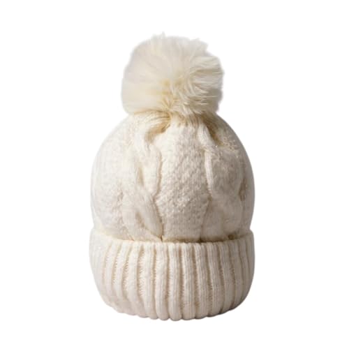 Cable Knit Winter Beanie Hat with Faux Fur Pom Pom, White-Gift Package