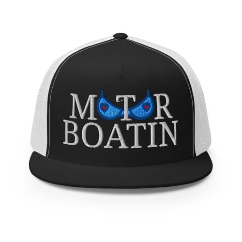 NX Motor Boatin Embroidered Flat Bill Trucker Hat High Crown Snapback Cap - color: Black/ White