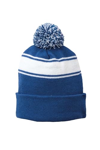 SPORT-TEK Unisex Stripe Pom Pom Beanie - color: True Royal/ White