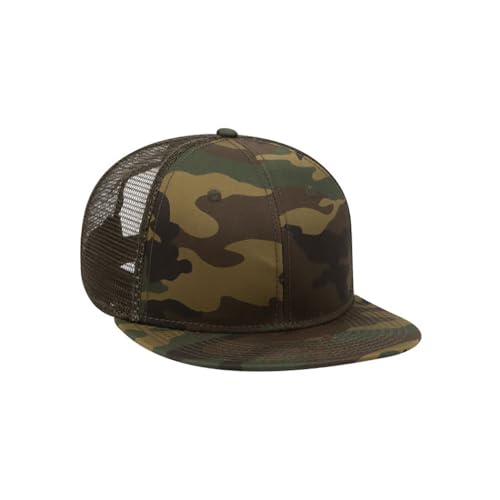 Ashen Fane 6 Panel Mid Profile Mesh Back Structured Trucker Adjustable Snapback Hat - color: Camo Dk.grn/Brn/Dk.oliv.grn.