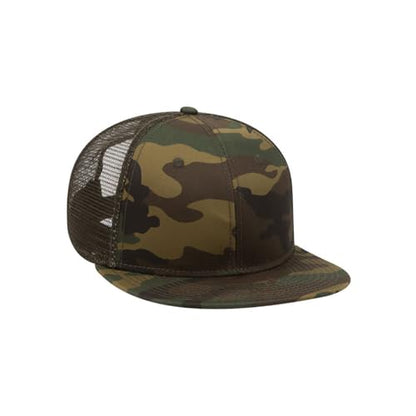 Ashen Fane 6 Panel Mid Profile Mesh Back Structured Trucker Adjustable Snapback Hat - color: Camo Dk.grn/Brn/Dk.oliv.grn.