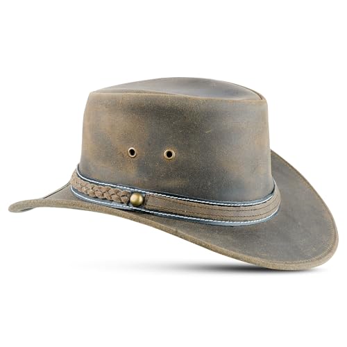 HADZAM Leather Cowboy hat Shapeable into Outback hat, Australian Hats for Men & Women - color: Green, size: Small