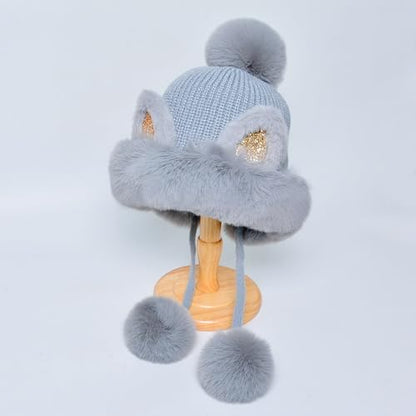 Outdoor Warm Earflap Beanie Hat with Brim Baseball Slouchy Knitted Visor Skull Caps for Women Men Black - color: Grey