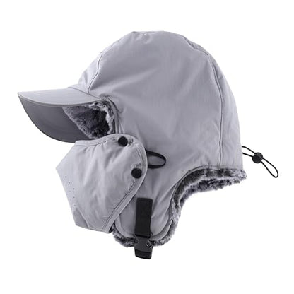 Home Prefer Waterproof Mens Faux Fur Trooper Trapper Hat Hunting Warm Winter Hat with Ear Flaps Visor Face Mask - color: Grey