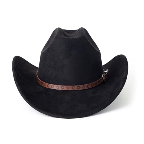 Western Cowboy Hat for Women Men Retro Suede Hat - color: Black-small Flower Belt