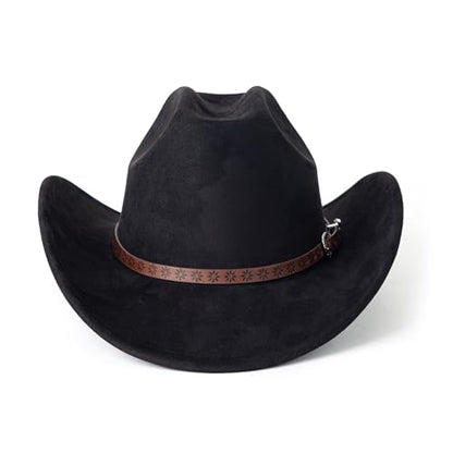 Western Cowboy Hat for Women Men Retro Suede Hat - color: Black-small Flower Belt
