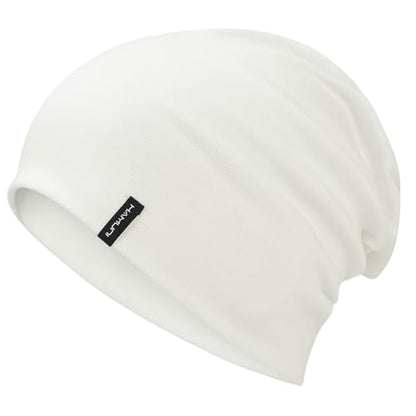 HAMUNI Slouchy Beanie for Women Men Soft Cotton Chemo Hats Double-Layer Warm Beanie Cap for Daily Wear & Transitional Seasons - color: White