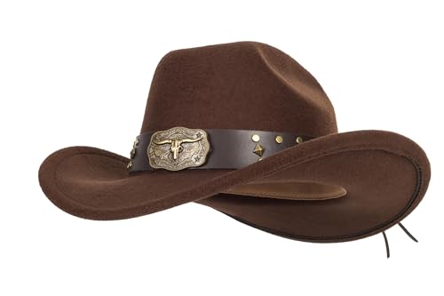 Classic Western Cowboy hat for Men Women Wide Brim Cowgirl Hat - color: Brown-longhorn Buckle Belt