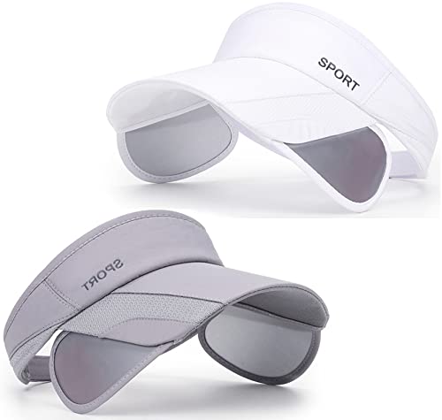 Sun Visor Hat for Women and Men - Retractable Brim Sport Hat, Summer Golf Tennis Running Beach Hat with Ponytail Hole - color: Z-2 Pack White Grey