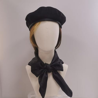 British US Military Berets with 35" Square Silk Like Head Scarf, Army Beret French Beret for Men and Women - color: Black, size: Large