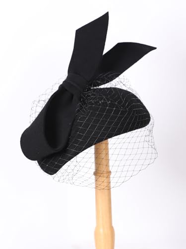 HIMESPORT Women Ladies Wool Felt Derby Fascinator Hats Wedding Bridal Tea Party Formal Femme Pillbox Hat with Veils Bow - color: Black
