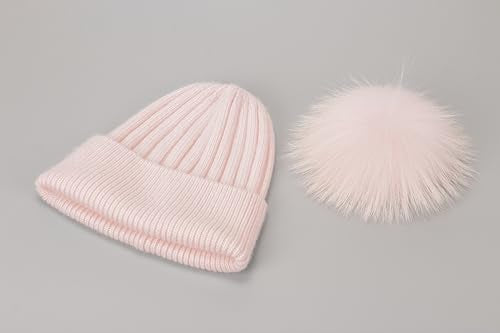 Women Real Fur Pom Pom Winter Ribbed Cuffed Knit Beanie Hat - color: Rc Pink