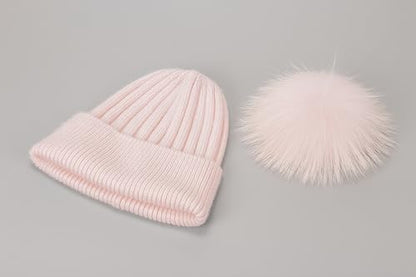 Women's Winter Ribbed Cuffed Beanie Skull Cap with Genuine Raccoon Fur Pom - color: Rc Pink