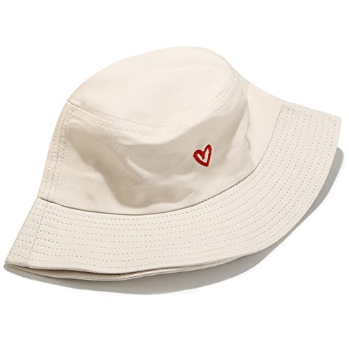 XYIYI Fashion Embroidery Bucket Hat Cotton Beach Fisherman Hats for Women Girls - color: Heart Beige