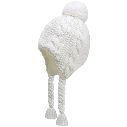 Winter Peruvian Hat Earflap Fleece Lined Girls Knit Beanie 3-10T - color: 1b-white, size: 3-5T