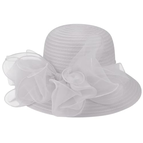 DRESHOW Lady Derby Dress Church Bowler Cloche Hat Bowknot Organza Bridal Cap for Wedding - color: 1 Pack Bowler Hat: Light Grey