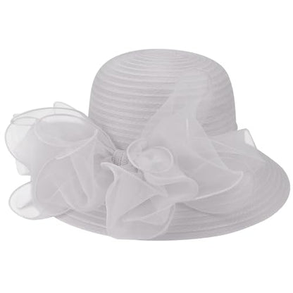 DRESHOW Lady Derby Dress Church Bowler Cloche Hat Bowknot Organza Bridal Cap for Wedding - color: 1 Pack Bowler Hat: Light Grey
