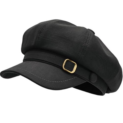 Womens Suede Newsboy Cap Wool Newsboy Hat Winter Baker Boy with Belt Buckle Vintage Outdoor Cap Fall Hats - color: Fabric-black