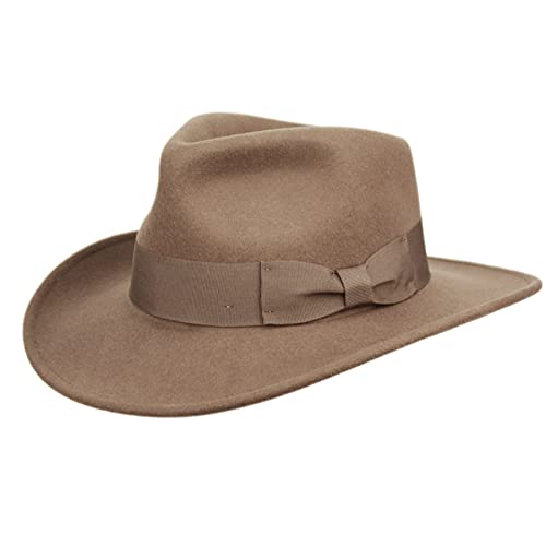 EPOCH Men's Wool Felt Outback Fedora with Grosgrain or Faux Leather Band - color: He01-khaki, size: Large-X-Large