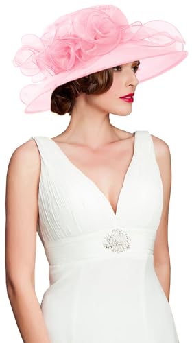 Women's Kentucky Derby Church Dress Hat Wide Brim Leaf Flower Bridal Shower Hat - color: A7 Pink
