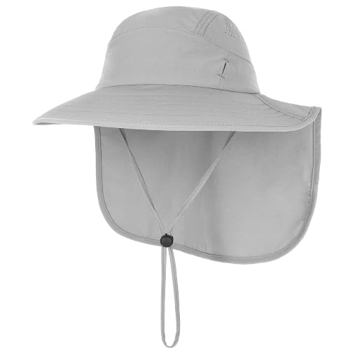 Connectyle UPF 50+ Sun Hat with Neck Flap Wide Brim Bucket Hats Breathable Fishing Hiking Gardening Safari Hat for Men Women - color: Light Grey