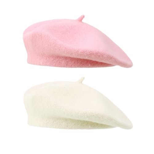 2 Pieces Beret Hat Women French Wool Beret Solid Color Beret Cap - color: Pink+white