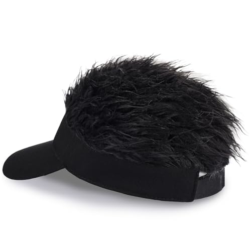Adjustable Sun Visor Hat with Wig Spiked Hairs Fashion Baseball Golf Cap for Men & Women - color: Black+black Hair