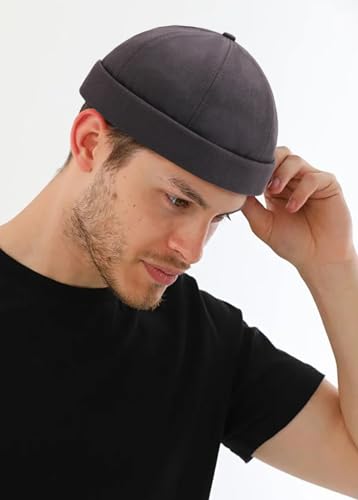 2 Pcs Mens Brimless Docker Cap Set - Retro Worker Sailor Skull Cap Beanie with Rolled Cuff - color: Gray