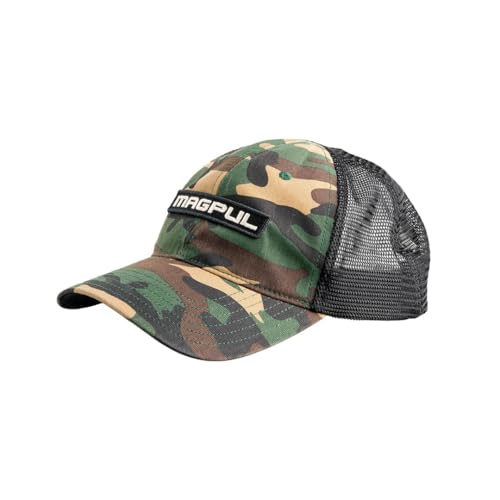 Magpul Trucker Hat Snap Back Baseball Cap, One Size Fits Most - color: Wordmark Garment Washed Woodland Camo