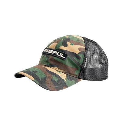 Magpul Trucker Hat Snap Back Baseball Cap, One Size Fits Most - color: Wordmark Garment Washed Woodland Camo