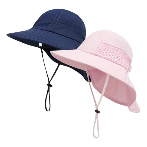 XIAOHAWANG Girls Sun Hat Baby Beach Hats Boys UPF 50+ Kids Summer Protection Cap Toddler Breathable Caps Wide Brim Neck Flap - color: 2 Pack(pink+navy), size: 2-6 Years