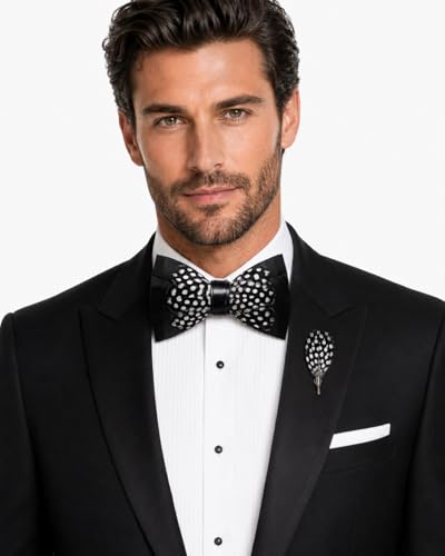 RBOCOTT Handmade Feather Pre-tied Bow tie and Brooch Sets for Men - color: Black/White
