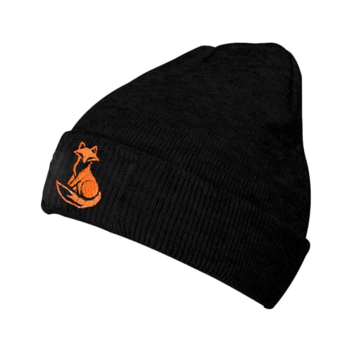 Black Beanie Hat for Men Women Embroidered Knit Winter Beanies Cap - color: Fox
