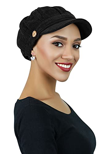 Newsboy Cap for Women Cancer Headwear Chemo Hat Ladies Head Coverings Tweed Corduroy Chenille - color: Black