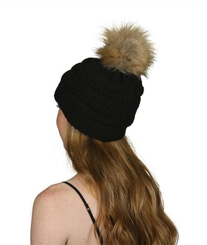 Gravity Threads Cable Knit Faux Fur Pom Pom Beanie Hat - color: Black