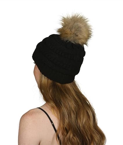 Gravity Threads Cable Knit Faux Fur Pom Pom Beanie Hat - color: Black