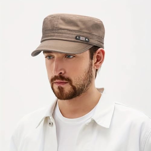 Initlove Cadet Caps for Men Washed Cotton Military Army Cap Flat Top Hat for Women - color: Brown