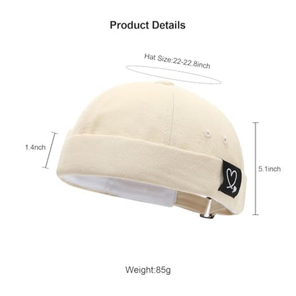 Mens Docker Cap Brimless Skullcap Sailor Cap Rolled Cuff Retro Beanie Hat - color: Double Heart Beige