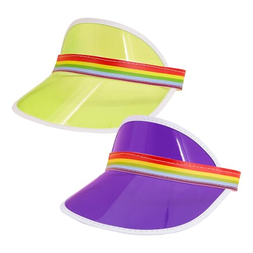 Giovacker Womens Mens PVC Clear Colorful Sun Visor Hats - color: Rainbow Print - Purple + Fluorescent Green
