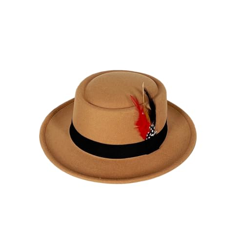 Wool Felt Fedora Hats for Women Men, Wide Brim Flat Top Hat Porkpie Hat, Jazz Hat with Feather Unisex - color: Camel