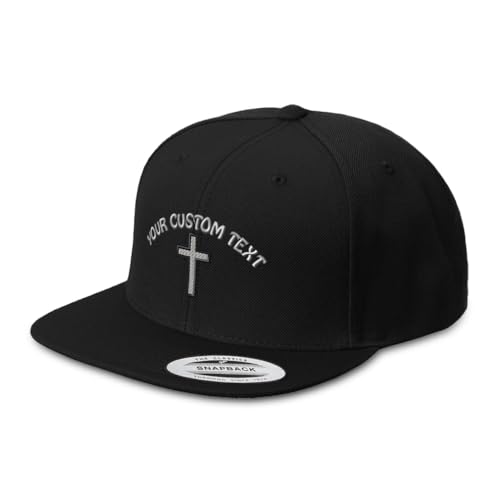 Custom Flat Brim Snapback Cap Cross Black Faith Jesus Christ Christian - color: Black Personalized Text Here