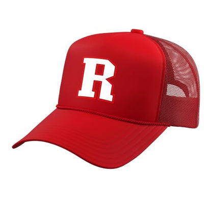 Initial R Monogram R Letter R Capital Alphabet Trucker Hat with Adjustable Mesh Back - color: Red