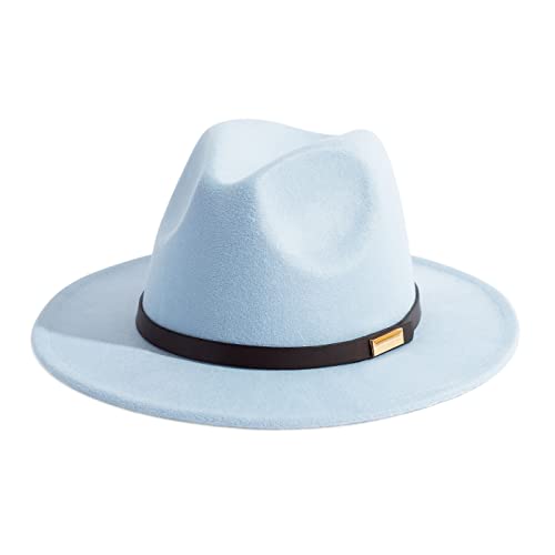 Fedora Hats for Men Wide Brim Panama Hat with Classic Belt - color: Sky Blue